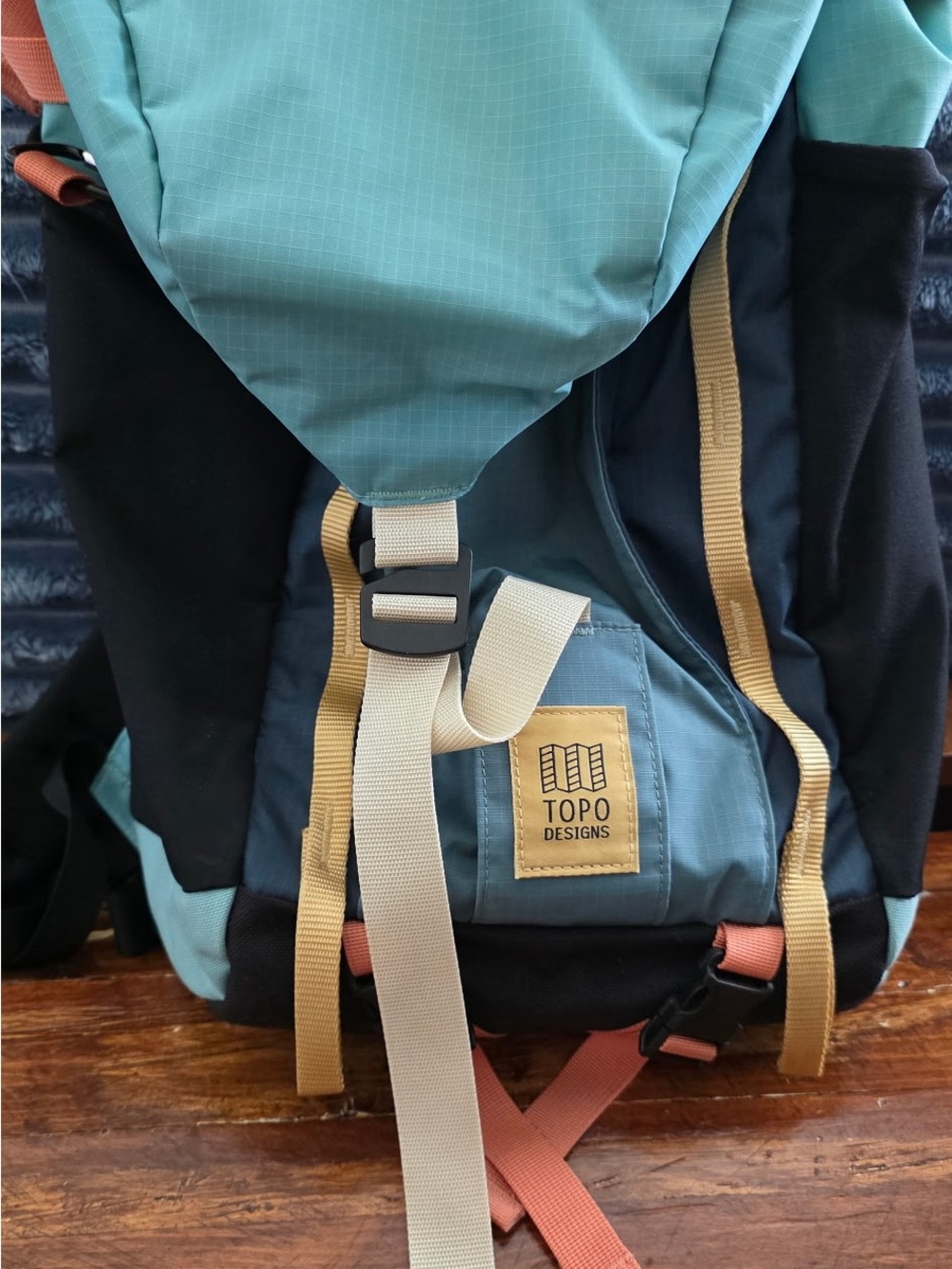 Topo Designs Teal, Black and Tan Rucksack Backpack. 12x20x10